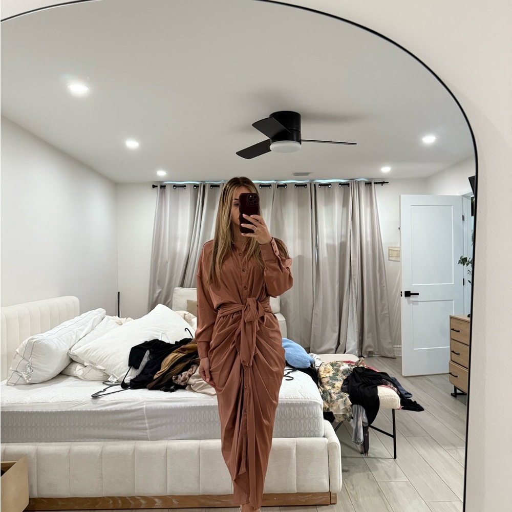 Rust Long-Sleeve Wrap Dress